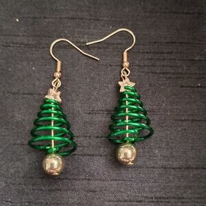 Spiral gold and green tone Christmas tree earrings with star